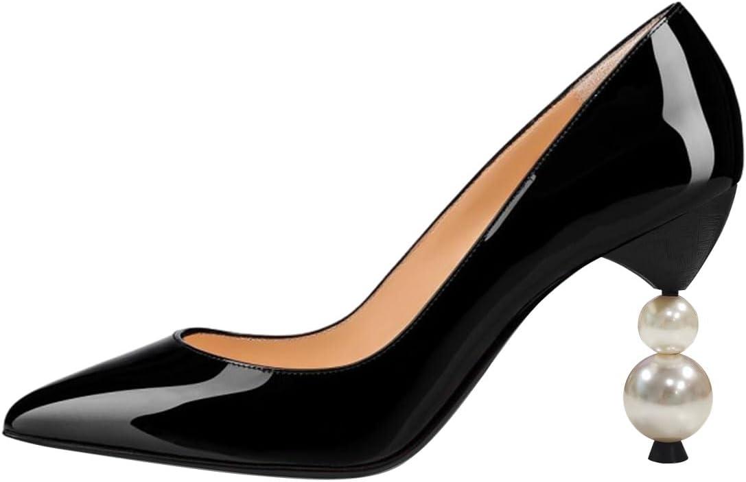 imageFSJ Women Classic Pearls Heel Pumps Pointed Toe Slip On High Heel 9cm Glossy Leather Ladies Office Party Pump Shoes Size 416 USBlack