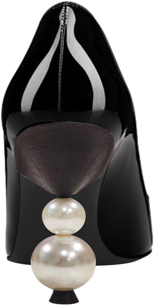 imageFSJ Women Classic Pearls Heel Pumps Pointed Toe Slip On High Heel 9cm Glossy Leather Ladies Office Party Pump Shoes Size 416 USBlack