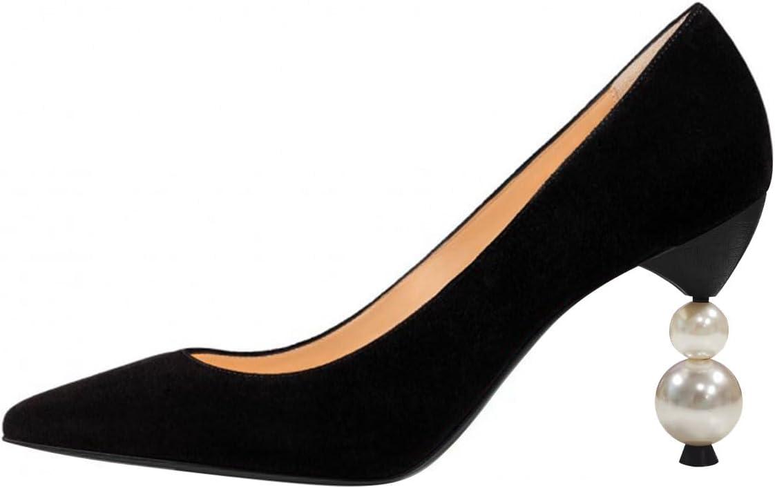imageFSJ Women Classic Pearls Heel Pumps Pointed Toe Slip On High Heel 9cm Glossy Leather Ladies Office Party Pump Shoes Size 416 USBlack Suede