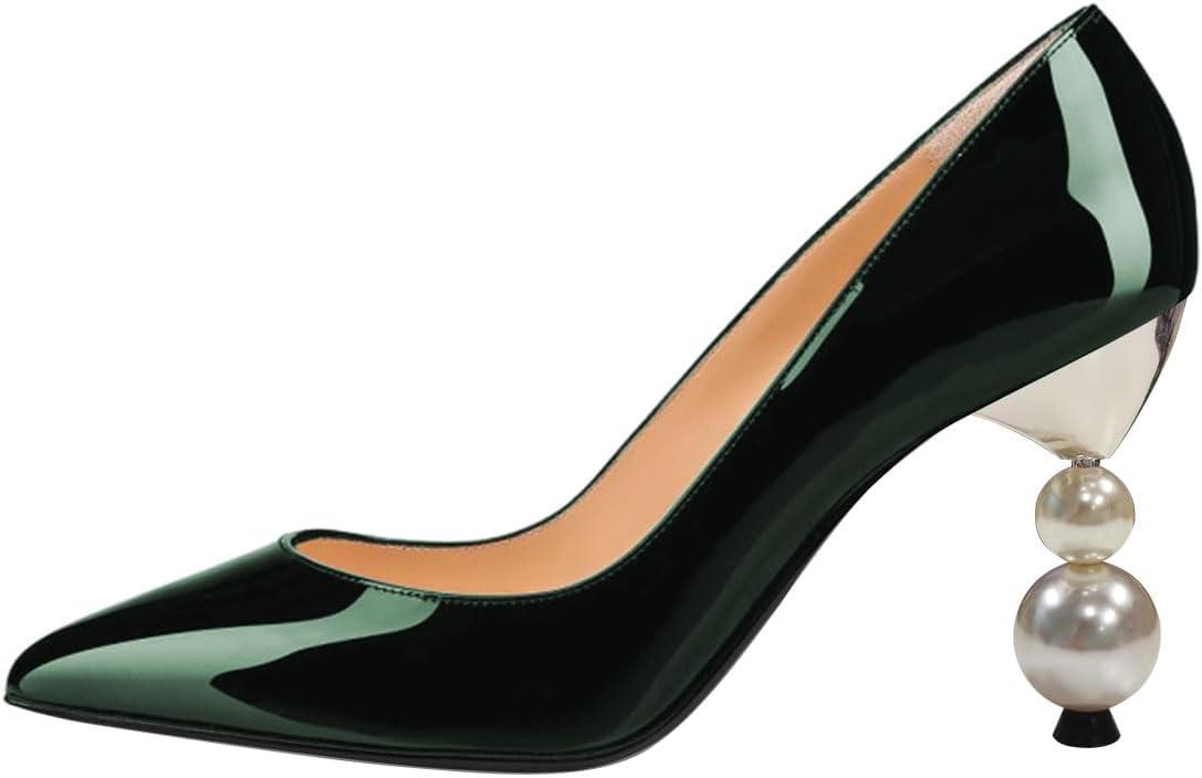 imageFSJ Women Classic Pearls Heel Pumps Pointed Toe Slip On High Heel 9cm Glossy Leather Ladies Office Party Pump Shoes Size 416 USGreen