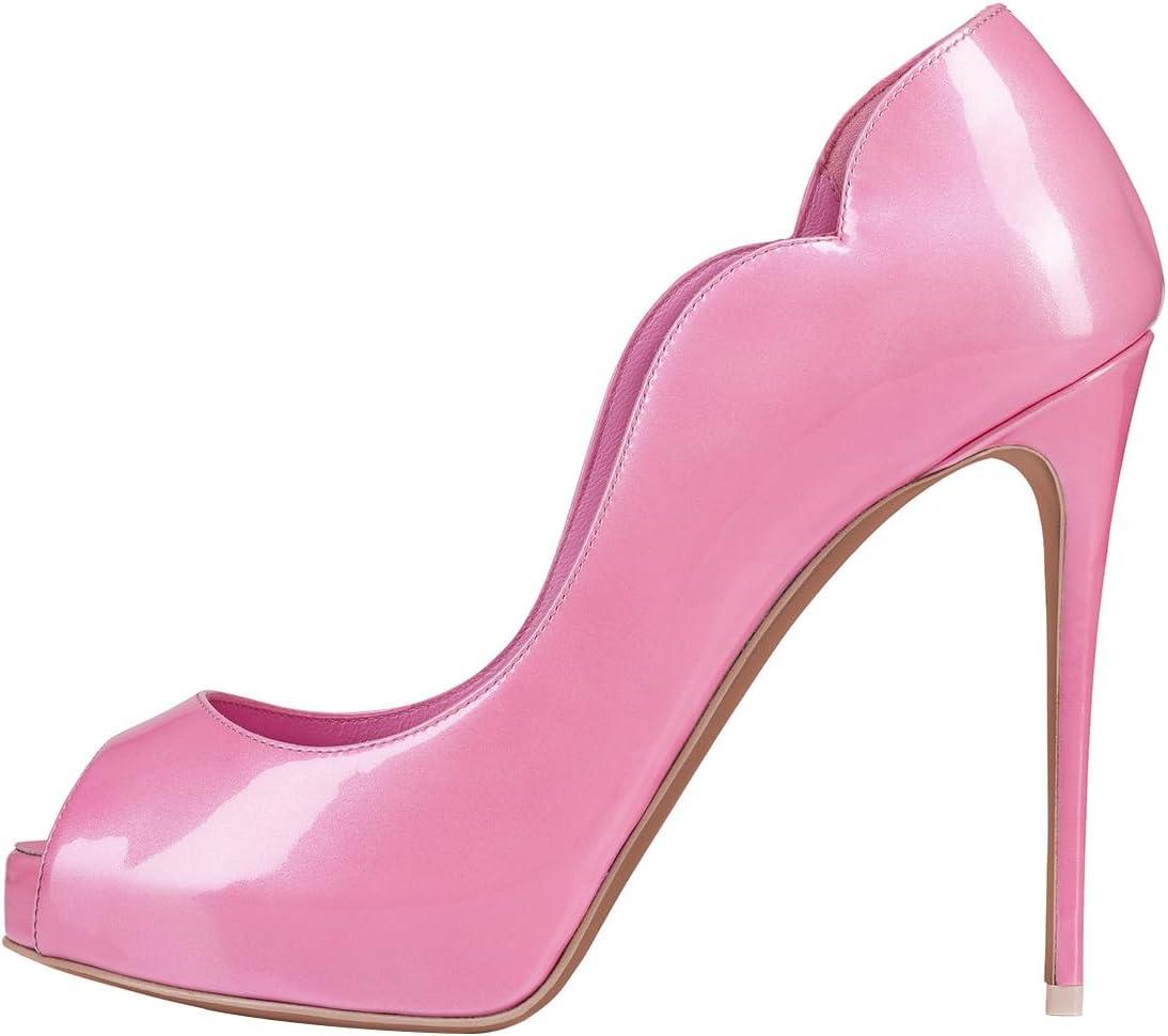 imageFSJ Women Classic Peep Toe Platform Pumps Sexy Stiletto High Heels Slip On Patent Leather Basic Pumps Wedding Party Dress Shoes Size 416 USPink Glossy Leather