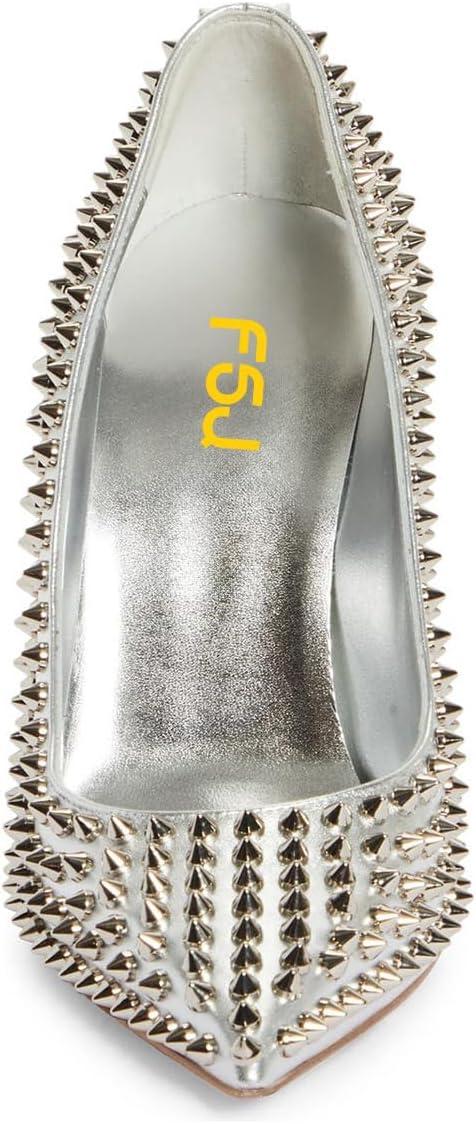 imageFSJ Women Classic Pumps Closed Pointed Toe Slim High Heel Fashion Studded Rivets Slip On Cocktail Party Prom Sexy Dress Shoes Size 416 USSilver
