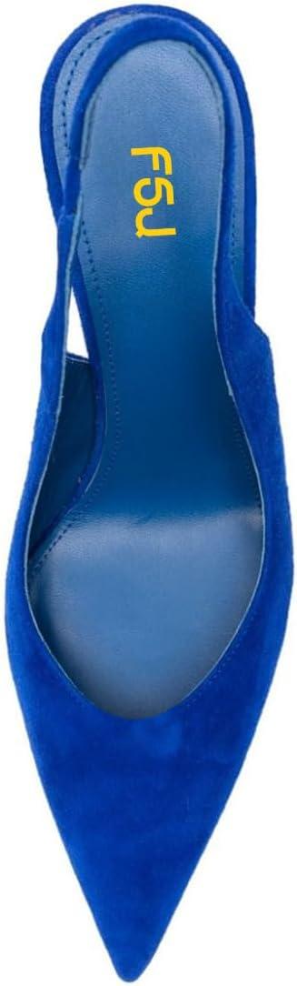 imageFSJ Women Closed Pointed Toe High Wedge Heel Slingback Pumps Stretch Strap SlipOn Fashion Office Wedding Party Dress Shoes Size 416 USBlue Suede