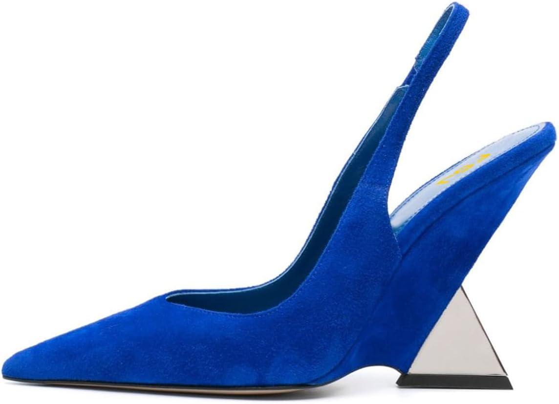 imageFSJ Women Closed Pointed Toe High Wedge Heel Slingback Pumps Stretch Strap SlipOn Fashion Office Wedding Party Dress Shoes Size 416 USBlue Suede