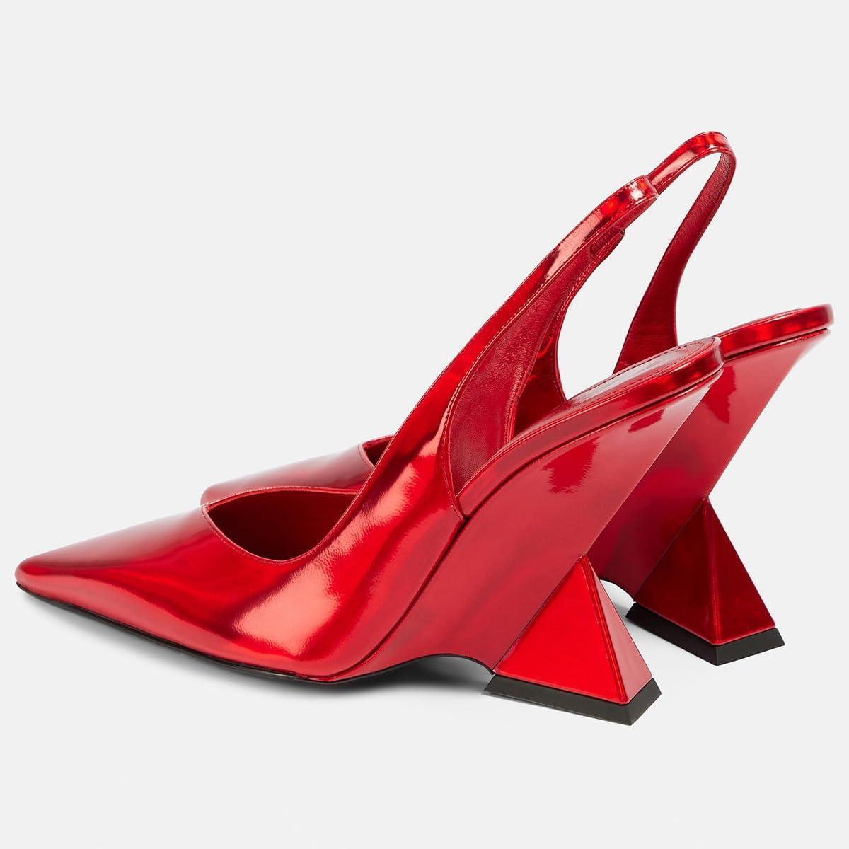 imageFSJ Women Closed Pointed Toe High Wedge Heel Slingback Pumps Stretch Strap SlipOn Fashion Office Wedding Party Dress Shoes Size 416 USRed