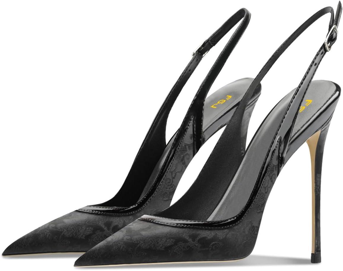 imageFSJ Women Closed Toe Pointy High Heel Pumps Sexy Slingback Heeled Sandals with Buckle Banquet Formal Event Dress Shoes Sizes 416 USBlack Embossing