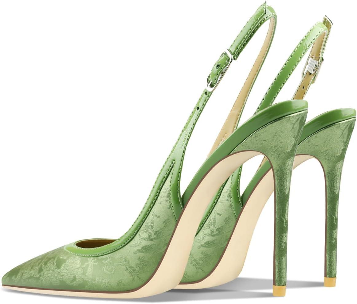 imageFSJ Women Closed Toe Pointy High Heel Pumps Sexy Slingback Heeled Sandals with Buckle Banquet Formal Event Dress Shoes Sizes 416 USGreen Embossing