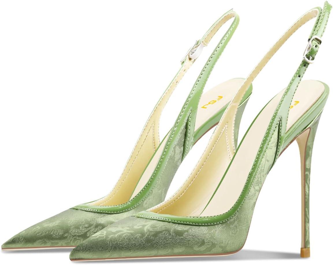 imageFSJ Women Closed Toe Pointy High Heel Pumps Sexy Slingback Heeled Sandals with Buckle Banquet Formal Event Dress Shoes Sizes 416 USGreen Embossing