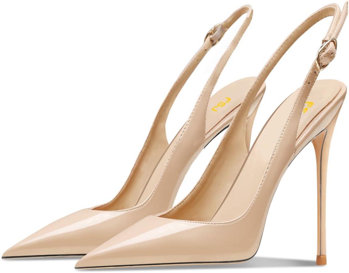 imageFSJ Women Closed Toe Pointy High Heel Pumps Sexy Slingback Heeled Sandals with Buckle Banquet Formal Event Dress Shoes Sizes 416 USNude