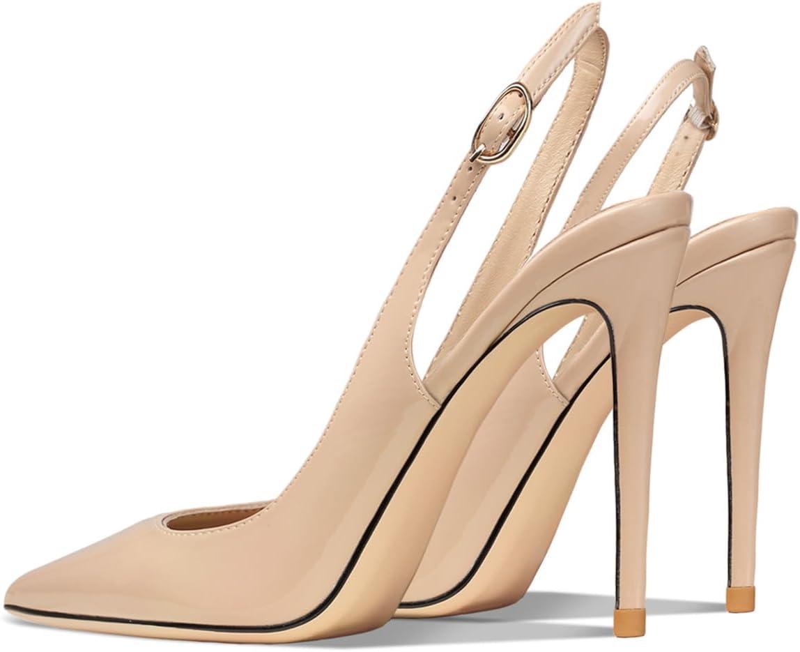 imageFSJ Women Closed Toe Pointy High Heel Pumps Sexy Slingback Heeled Sandals with Buckle Banquet Formal Event Dress Shoes Sizes 416 USNude