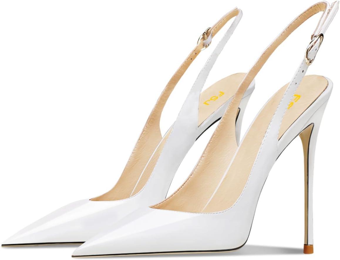 imageFSJ Women Closed Toe Pointy High Heel Pumps Sexy Slingback Heeled Sandals with Buckle Banquet Formal Event Dress Shoes Sizes 416 USWhite