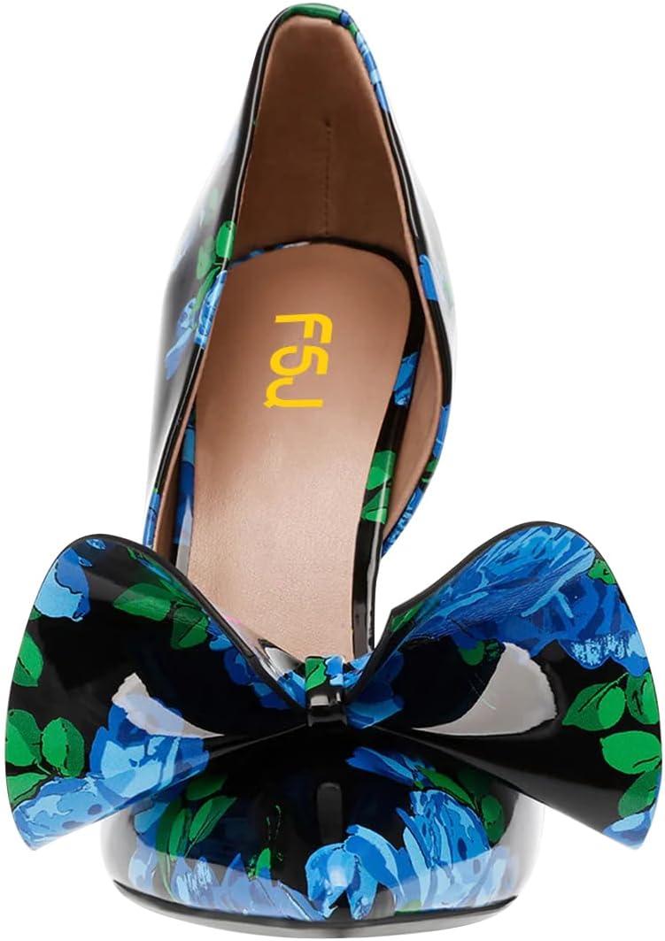 imageFSJ Women Cute Bow Closed Toe Chunky High Heels Slip On Glitter DOrsay Pumps Bridal Wedding Banquet Outfit Shoes Size 415 USFlower Print