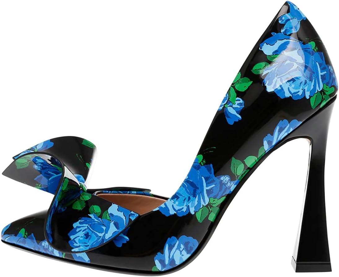 imageFSJ Women Cute Bow Closed Toe Chunky High Heels Slip On Glitter DOrsay Pumps Bridal Wedding Banquet Outfit Shoes Size 415 USFlower Print