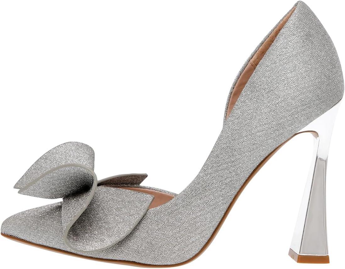 imageFSJ Women Cute Bow Closed Toe Chunky High Heels Slip On Glitter DOrsay Pumps Bridal Wedding Banquet Outfit Shoes Size 415 USGrey