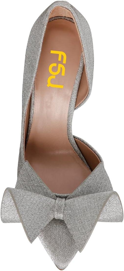 imageFSJ Women Cute Bow Closed Toe Chunky High Heels Slip On Glitter DOrsay Pumps Bridal Wedding Banquet Outfit Shoes Size 415 USGrey