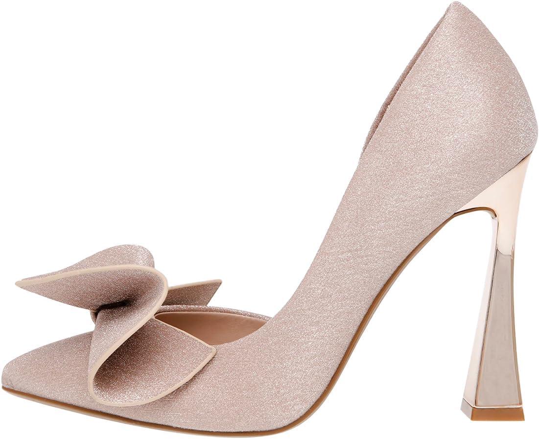 imageFSJ Women Cute Bow Closed Toe Chunky High Heels Slip On Glitter DOrsay Pumps Bridal Wedding Banquet Outfit Shoes Size 415 USPink
