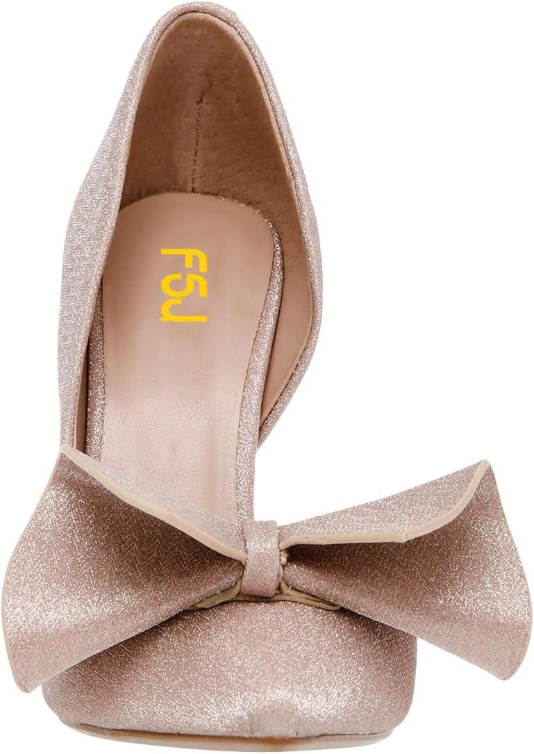 imageFSJ Women Cute Bow Closed Toe Chunky High Heels Slip On Glitter DOrsay Pumps Bridal Wedding Banquet Outfit Shoes Size 415 USPink