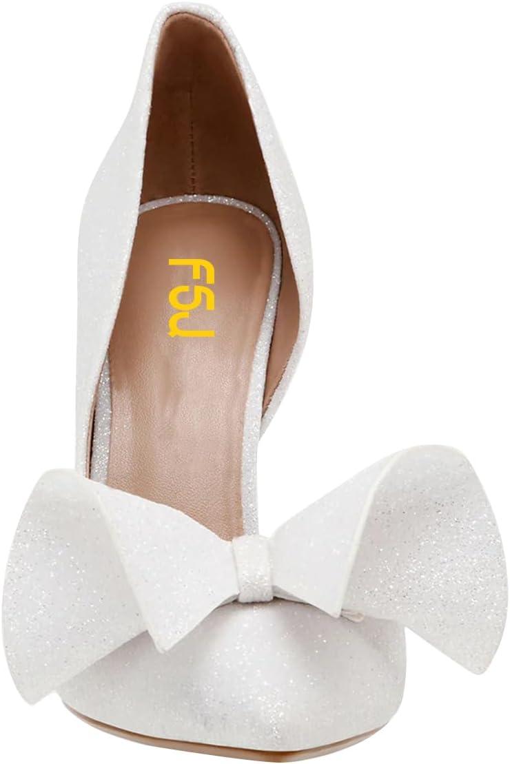 imageFSJ Women Cute Bow Closed Toe Chunky High Heels Slip On Glitter DOrsay Pumps Bridal Wedding Banquet Outfit Shoes Size 415 USWhite