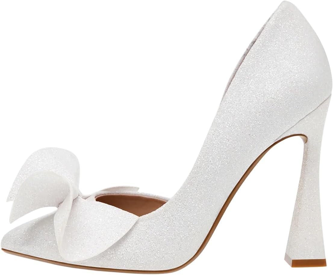imageFSJ Women Cute Bow Closed Toe Chunky High Heels Slip On Glitter DOrsay Pumps Bridal Wedding Banquet Outfit Shoes Size 415 USWhite