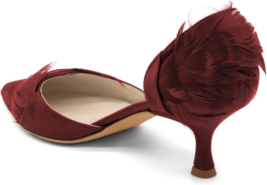 imageFSJ Women DOrsay Kitten Low Heels Pumps Closed Pointed Toe Comfort SlipOn Feather Sandals Ladies Work Party Satin Dress Shoes Size 416 USRed