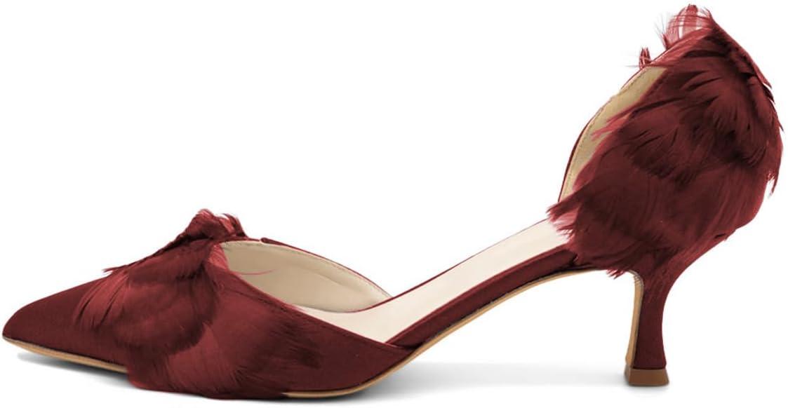 imageFSJ Women DOrsay Kitten Low Heels Pumps Closed Pointed Toe Comfort SlipOn Feather Sandals Ladies Work Party Satin Dress Shoes Size 416 USRed
