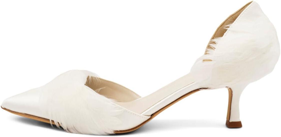 imageFSJ Women DOrsay Kitten Low Heels Pumps Closed Pointed Toe Comfort SlipOn Feather Sandals Ladies Work Party Satin Dress Shoes Size 416 USWhite