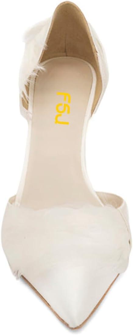 imageFSJ Women DOrsay Kitten Low Heels Pumps Closed Pointed Toe Comfort SlipOn Feather Sandals Ladies Work Party Satin Dress Shoes Size 416 USWhite