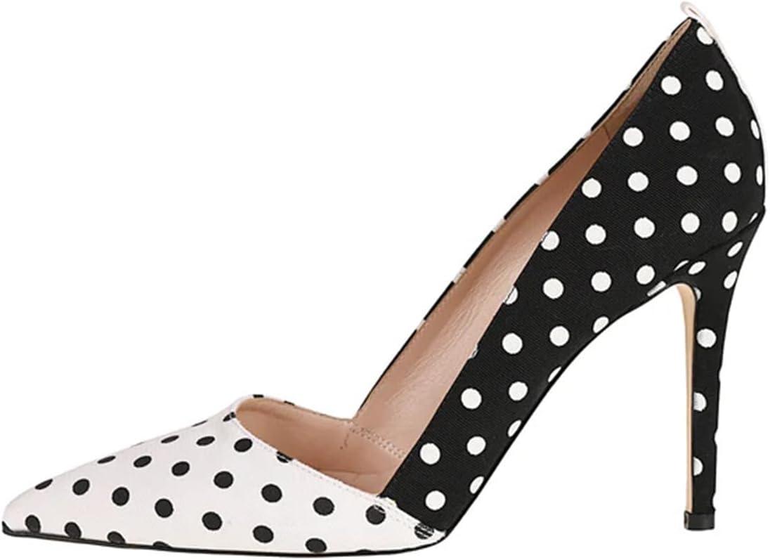 imageFSJ Women Fashion Closed Pointed Toe Pumps Stiletto High Heels Slip On Two ToneSolid Color Contrast Party Dress Office Shoes Size 415 USBlack and White Polka Dot