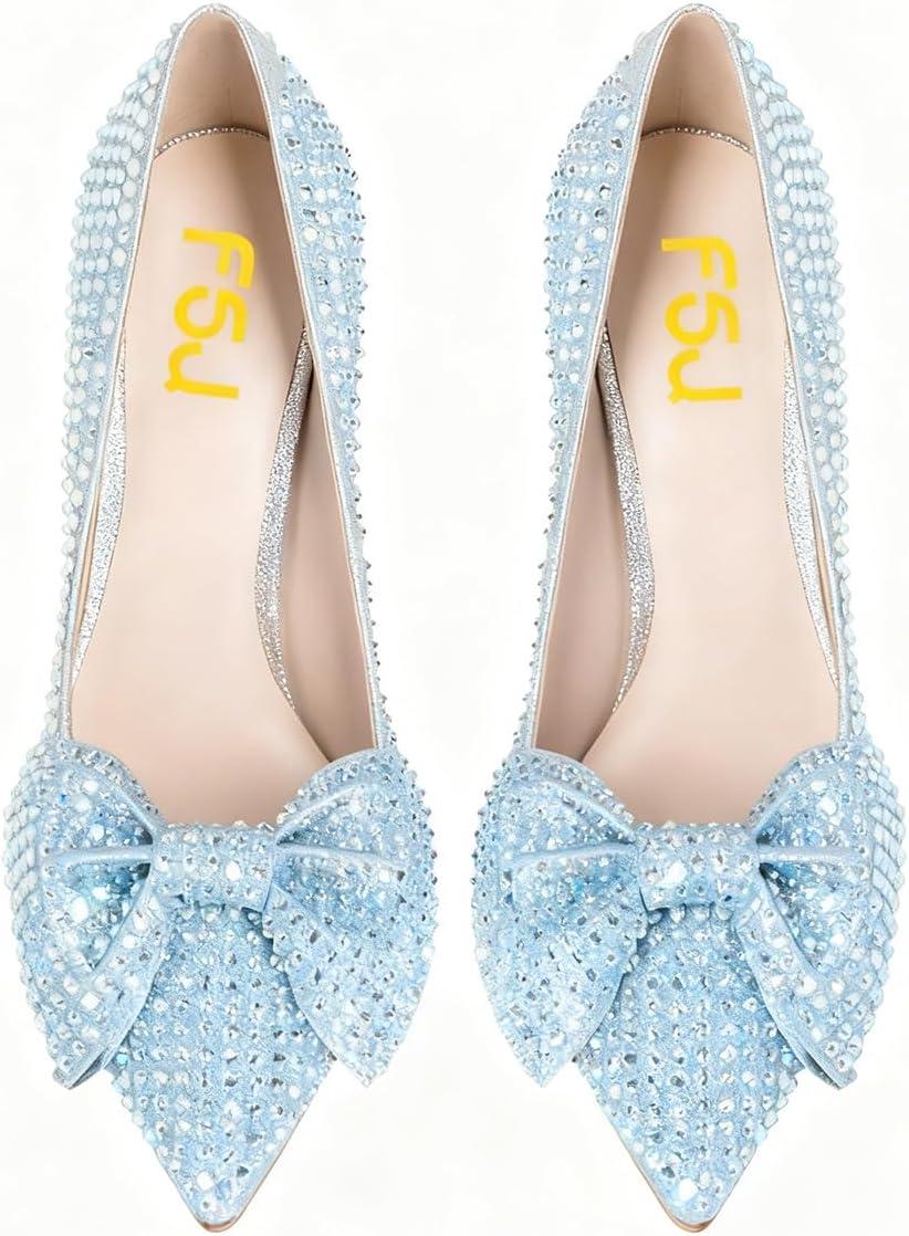 imageFSJ Women Fashion Pointed Toe Glitter Rhinestone High Heel Wedding Pump Sexy Slip On Stiletto Party Sparkly Prom Dress Shoe with Cute Bowknot Size 415 USLight Blue