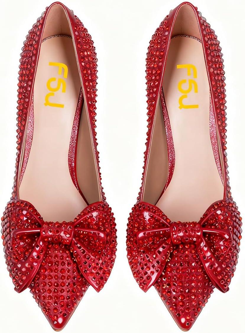 imageFSJ Women Fashion Pointed Toe Glitter Rhinestone High Heel Wedding Pump Sexy Slip On Stiletto Party Sparkly Prom Dress Shoe with Cute Bowknot Size 415 USRed