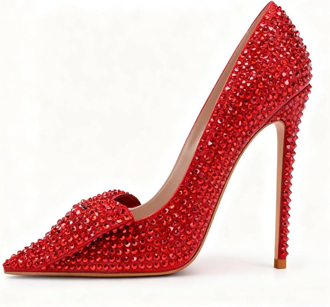 imageFSJ Women Fashion Pointed Toe Glitter Rhinestone High Heel Wedding Pump Sexy Slip On Stiletto Party Sparkly Prom Dress Shoe with Cute Bowknot Size 415 USRed