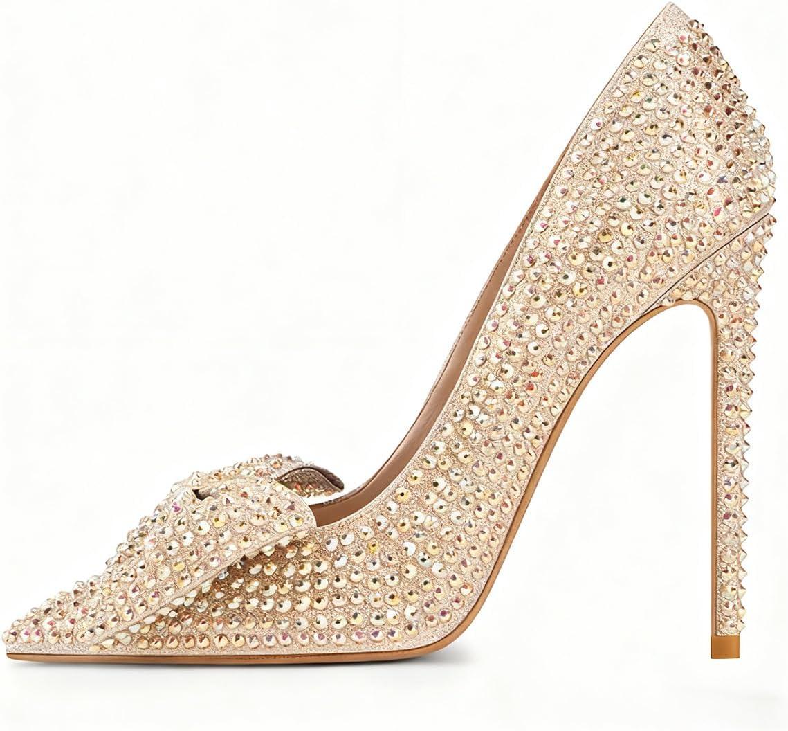 imageFSJ Women Fashion Pointed Toe Glitter Rhinestone High Heel Wedding Pump Sexy Slip On Stiletto Party Sparkly Prom Dress Shoe with Cute Bowknot Size 415 USChampagne