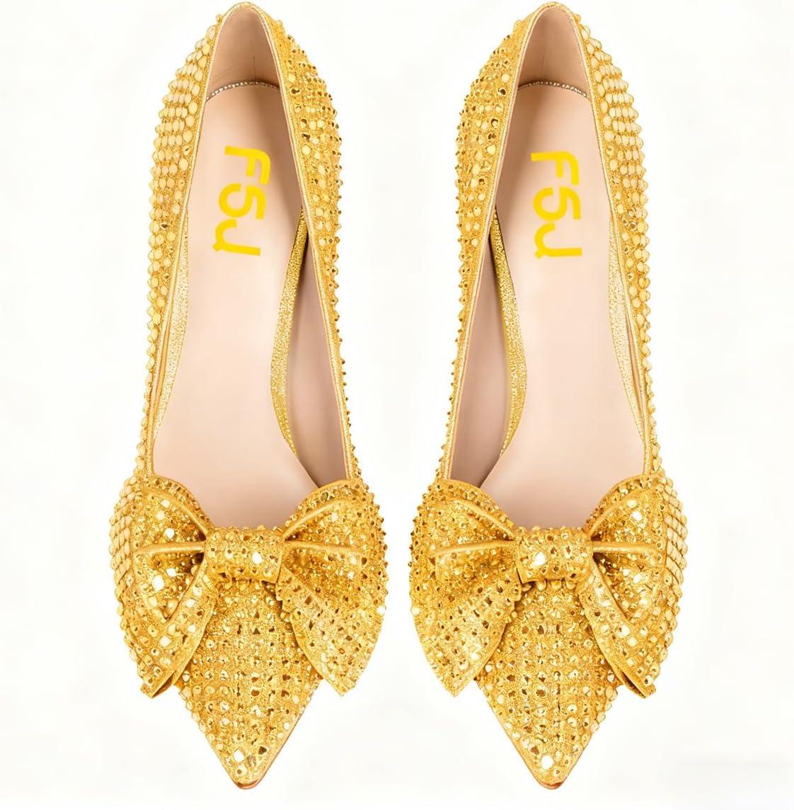 imageFSJ Women Fashion Pointed Toe Glitter Rhinestone High Heel Wedding Pump Sexy Slip On Stiletto Party Sparkly Prom Dress Shoe with Cute Bowknot Size 415 USGold