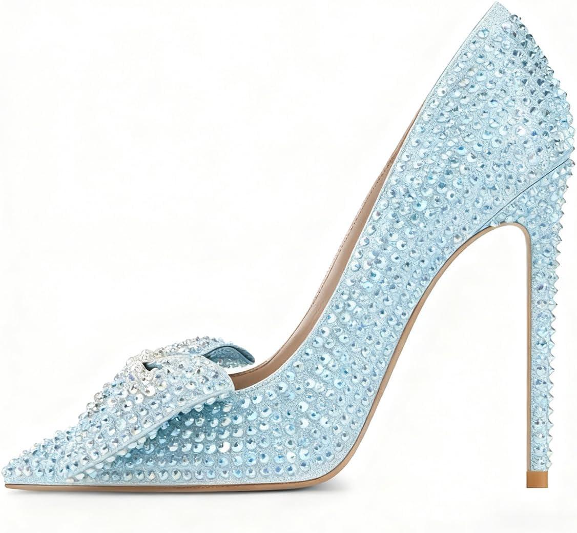 imageFSJ Women Fashion Pointed Toe Glitter Rhinestone High Heel Wedding Pump Sexy Slip On Stiletto Party Sparkly Prom Dress Shoe with Cute Bowknot Size 415 USLight Blue