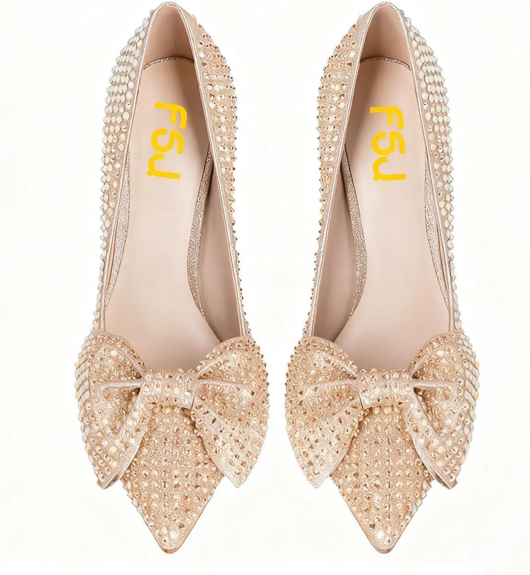 imageFSJ Women Fashion Pointed Toe Glitter Rhinestone High Heel Wedding Pump Sexy Slip On Stiletto Party Sparkly Prom Dress Shoe with Cute Bowknot Size 415 USChampagne