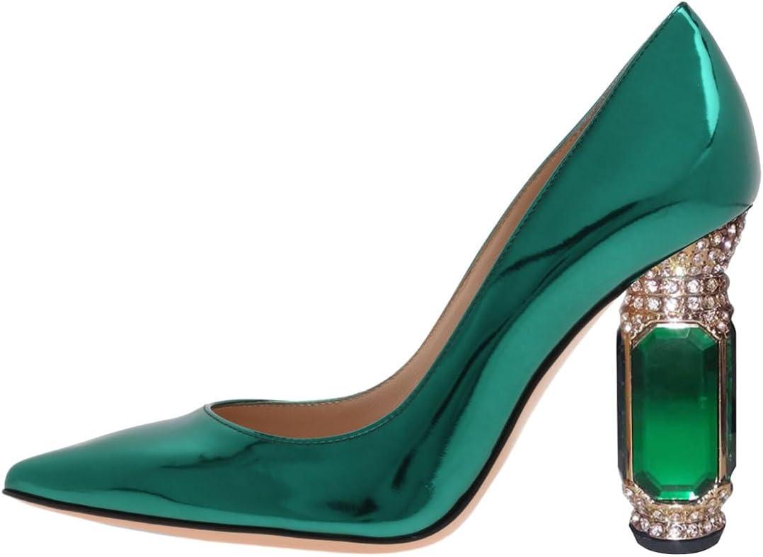 imageFSJ Women Gorgeous Pointed Toe Crystal Block Chunky High Heel Pumps Slip On Ladies Wedding Evening Shoes Size 416 USGreen