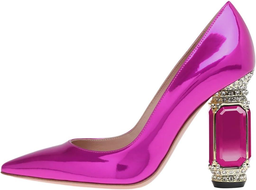imageFSJ Women Gorgeous Pointed Toe Crystal Block Chunky High Heel Pumps Slip On Ladies Wedding Evening Shoes Size 416 USPurple