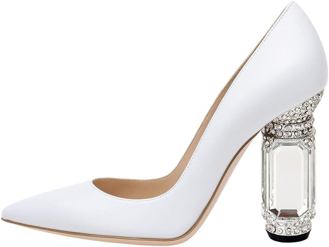 imageFSJ Women Gorgeous Pointed Toe Crystal Block Chunky High Heel Pumps Slip On Ladies Wedding Evening Shoes Size 416 USWhite