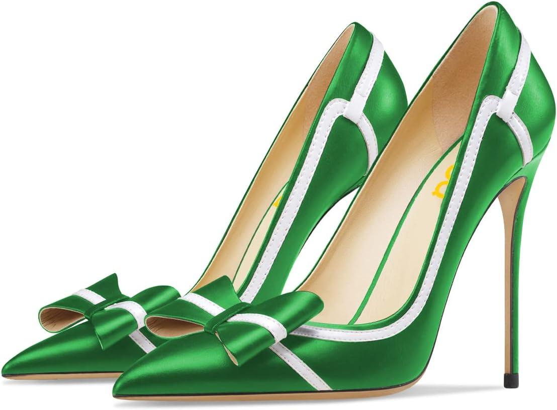 imageFSJ Women High Heel Pumps Stripes Bowtie Pointed Toe Elegant Stiletto Slip On Evening Party Dress Shoes Size 415 USGreen