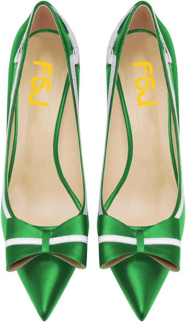 imageFSJ Women High Heel Pumps Stripes Bowtie Pointed Toe Elegant Stiletto Slip On Evening Party Dress Shoes Size 415 USGreen