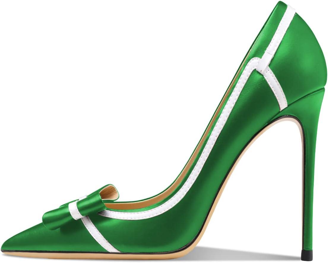 imageFSJ Women High Heel Pumps Stripes Bowtie Pointed Toe Elegant Stiletto Slip On Evening Party Dress Shoes Size 415 USGreen