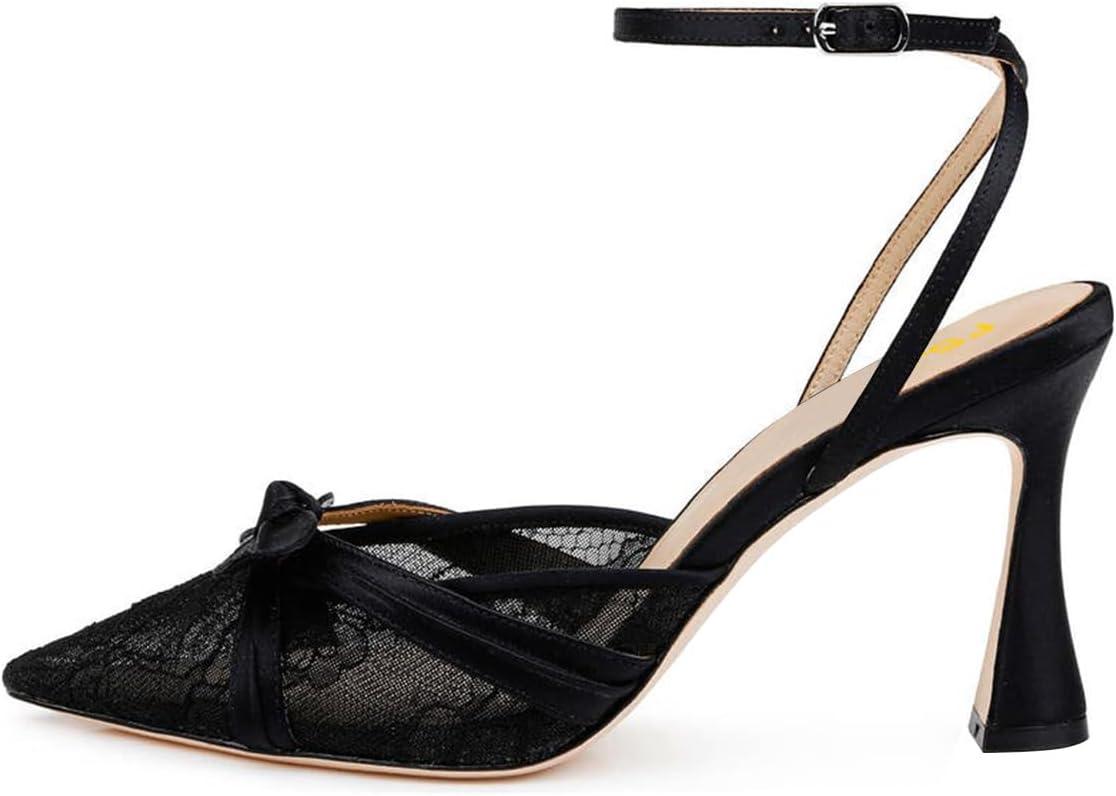 imageFSJ Women Lace High Heel Bowknot Closed Pointed Toe Pumps Ankle Strap DOrsay Heeled Sandals Wedding Bridal Satin Shoes Size 416 USBlack