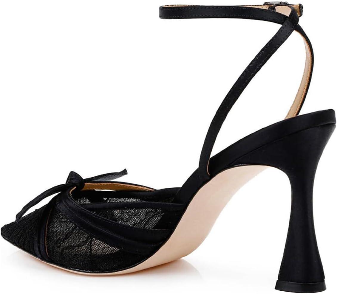 imageFSJ Women Lace High Heel Bowknot Closed Pointed Toe Pumps Ankle Strap DOrsay Heeled Sandals Wedding Bridal Satin Shoes Size 416 USBlack
