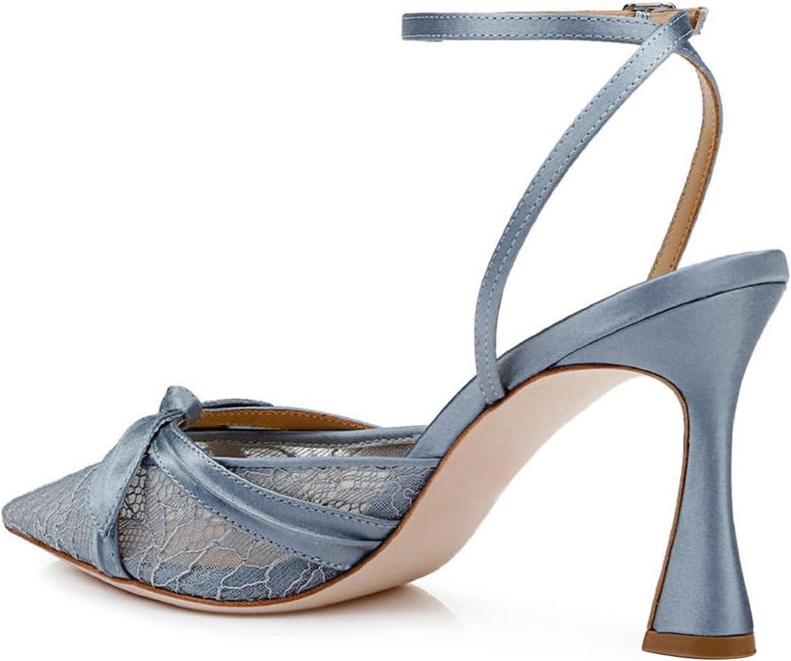 imageFSJ Women Lace High Heel Bowknot Closed Pointed Toe Pumps Ankle Strap DOrsay Heeled Sandals Wedding Bridal Satin Shoes Size 416 USBlue