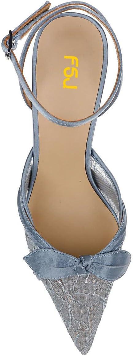 imageFSJ Women Lace High Heel Bowknot Closed Pointed Toe Pumps Ankle Strap DOrsay Heeled Sandals Wedding Bridal Satin Shoes Size 416 USBlue