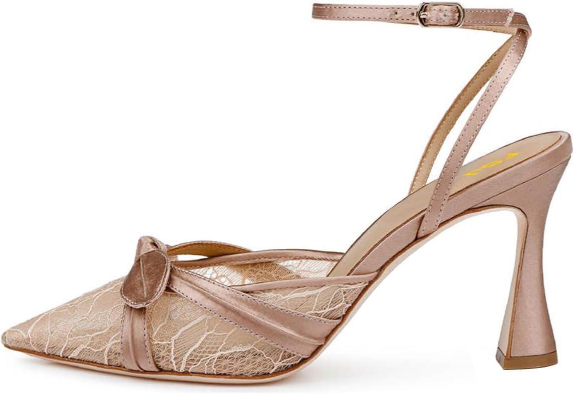 imageFSJ Women Lace High Heel Bowknot Closed Pointed Toe Pumps Ankle Strap DOrsay Heeled Sandals Wedding Bridal Satin Shoes Size 416 USChampagne