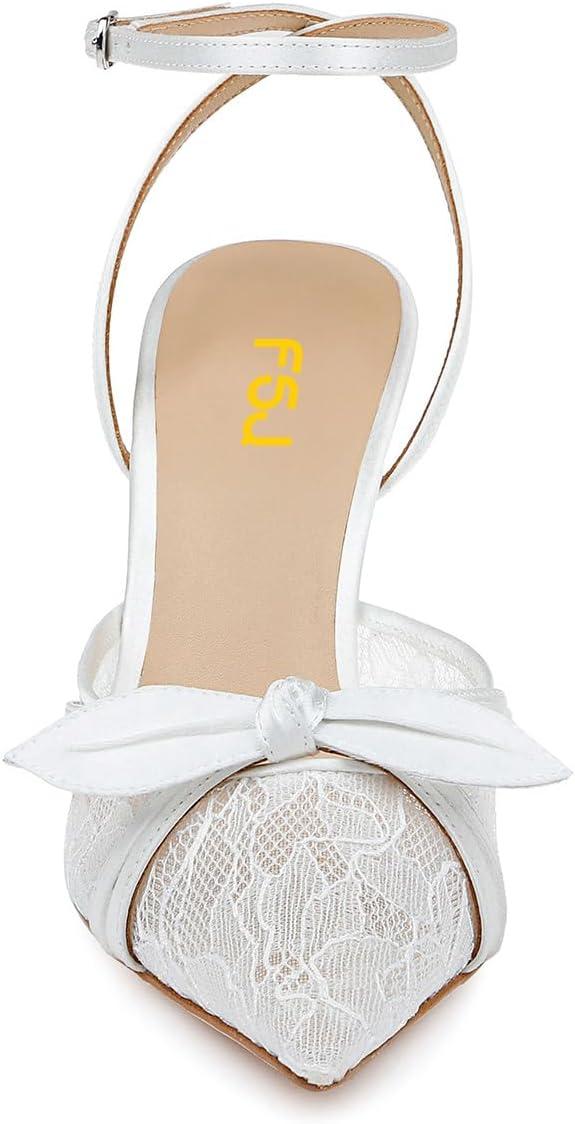 imageFSJ Women Lace High Heel Bowknot Closed Pointed Toe Pumps Ankle Strap DOrsay Heeled Sandals Wedding Bridal Satin Shoes Size 416 USWhite