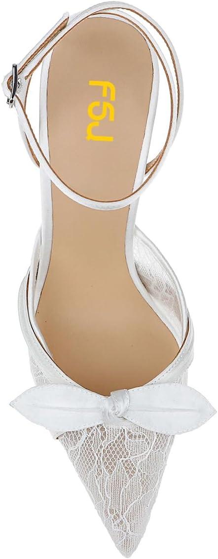 imageFSJ Women Lace High Heel Bowknot Closed Pointed Toe Pumps Ankle Strap DOrsay Heeled Sandals Wedding Bridal Satin Shoes Size 416 USWhite