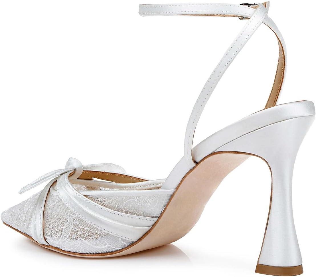 imageFSJ Women Lace High Heel Bowknot Closed Pointed Toe Pumps Ankle Strap DOrsay Heeled Sandals Wedding Bridal Satin Shoes Size 416 USWhite