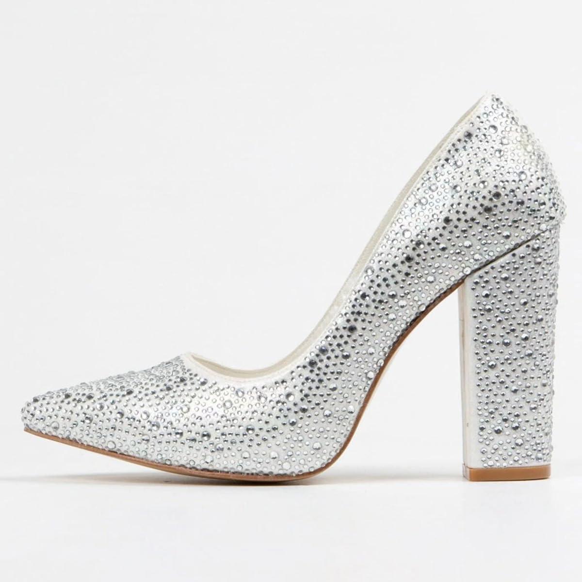 imageFSJ Women Luxury Pearl Studded Pointed Toe Pumps Chunky Block High Heel Sparkly Rhinestone Embellished Slip On Wedding Party Formal Event Shoes Size 416 USCrystals